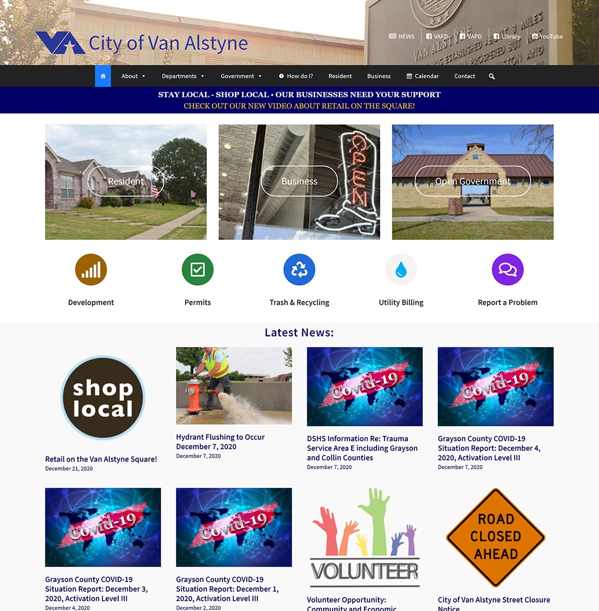 front page of website for city