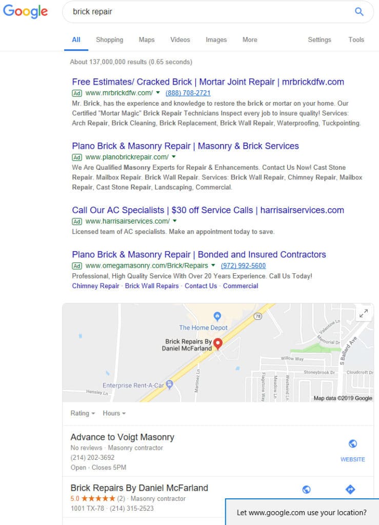 example of Google local search