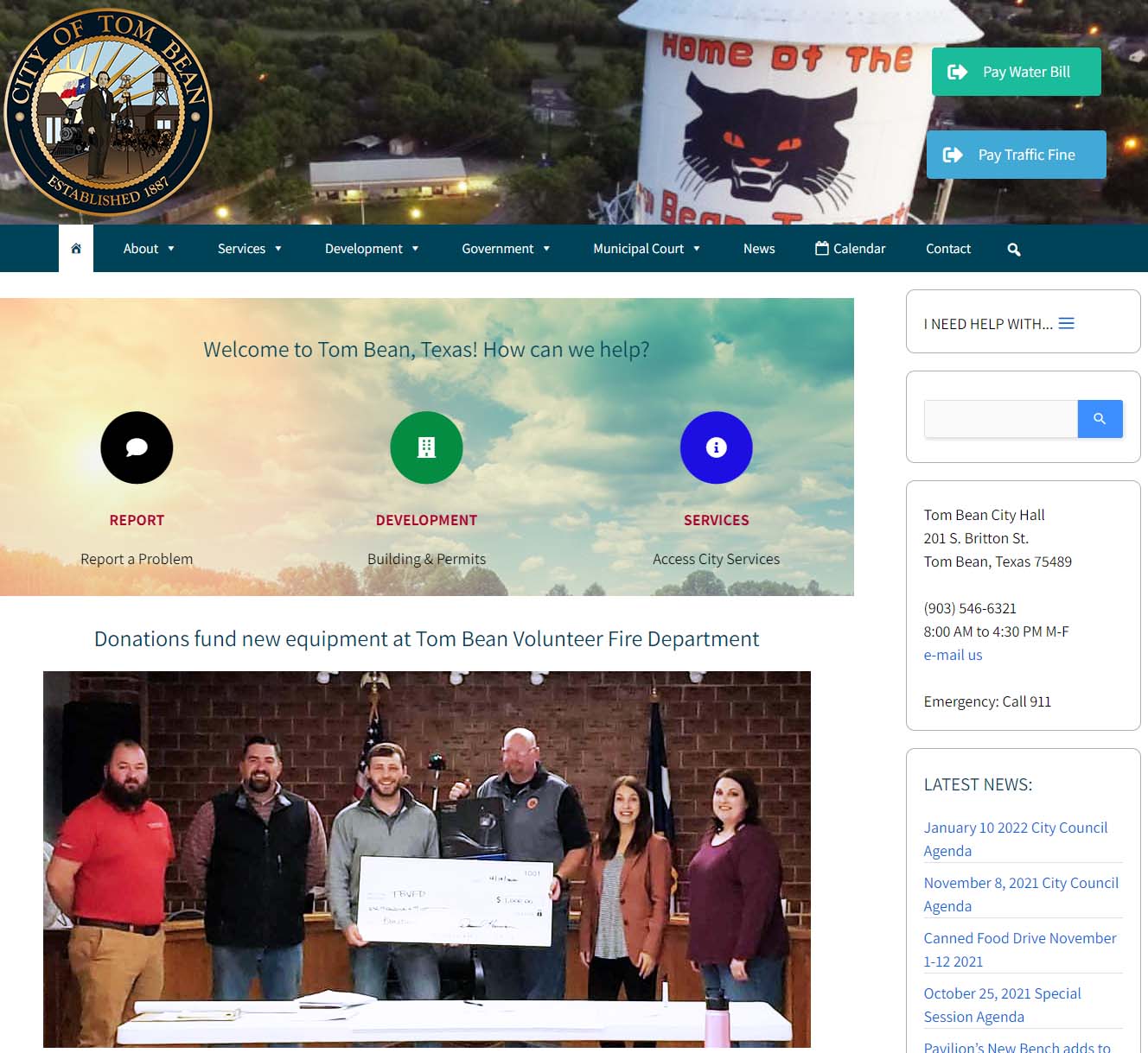 Front page of City of Tom Bean Website
