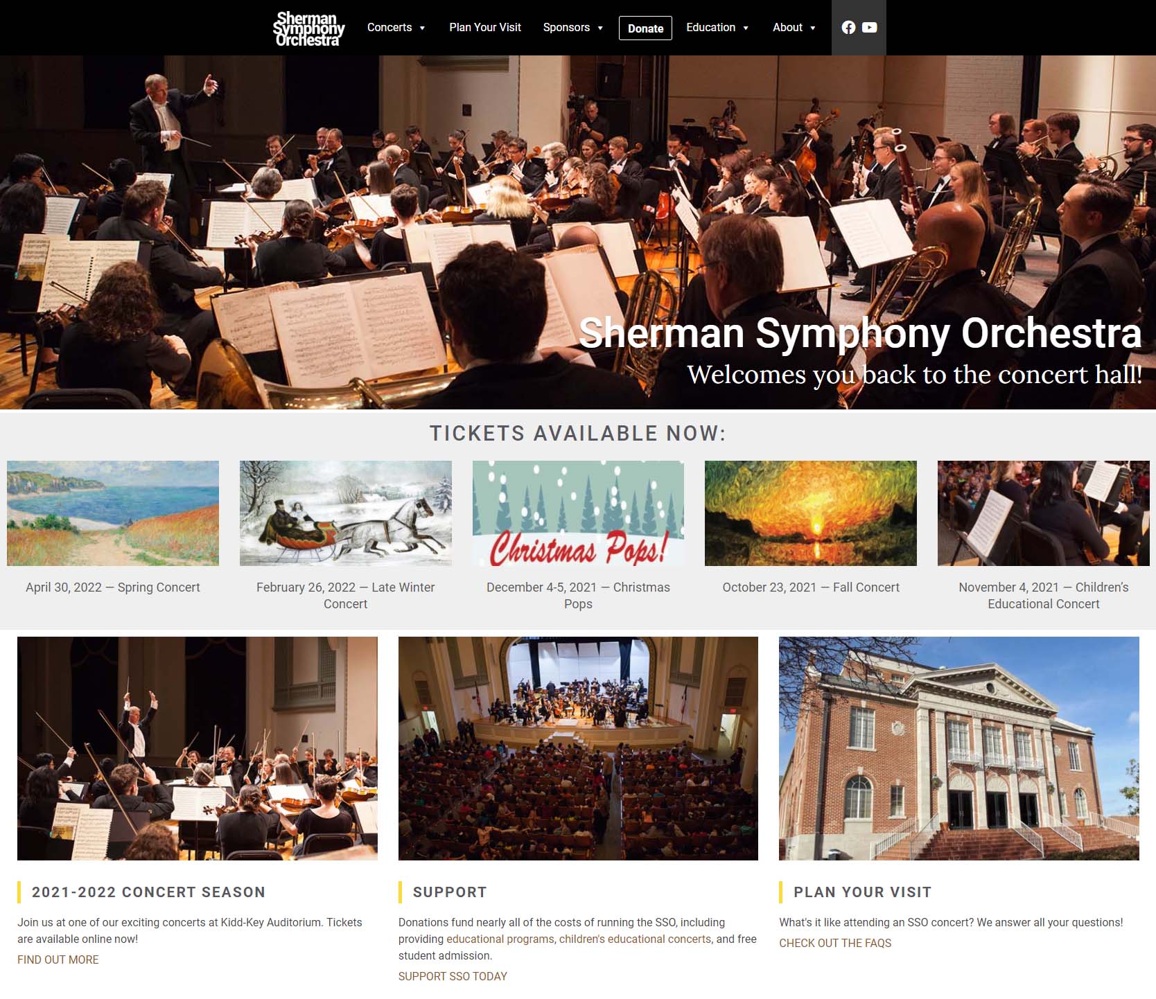 Screen shot of front page of Sherman Symphony Orchestra Website
